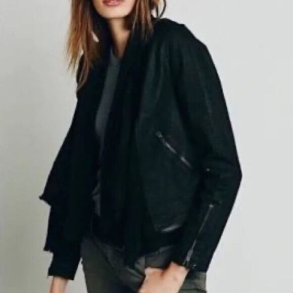 NWOT Free People Front Draped Coated Denim Moto Jacket Black size 2 - Picture 14 of 14